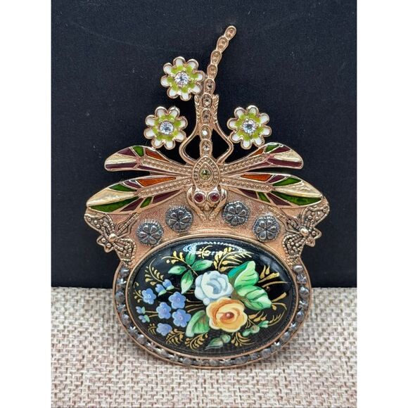 Unique Estate Amy Kahn Russell Bronze Dragonfly Floral Large Pin Pendant - Picture 1 of 8